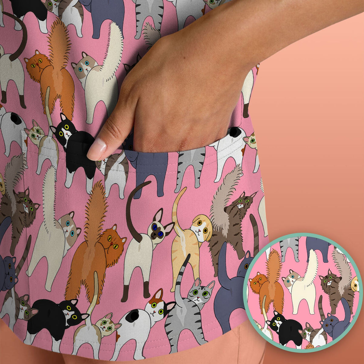 Whimsical Multicolor Cat Cartoon Nurse Scrub Top