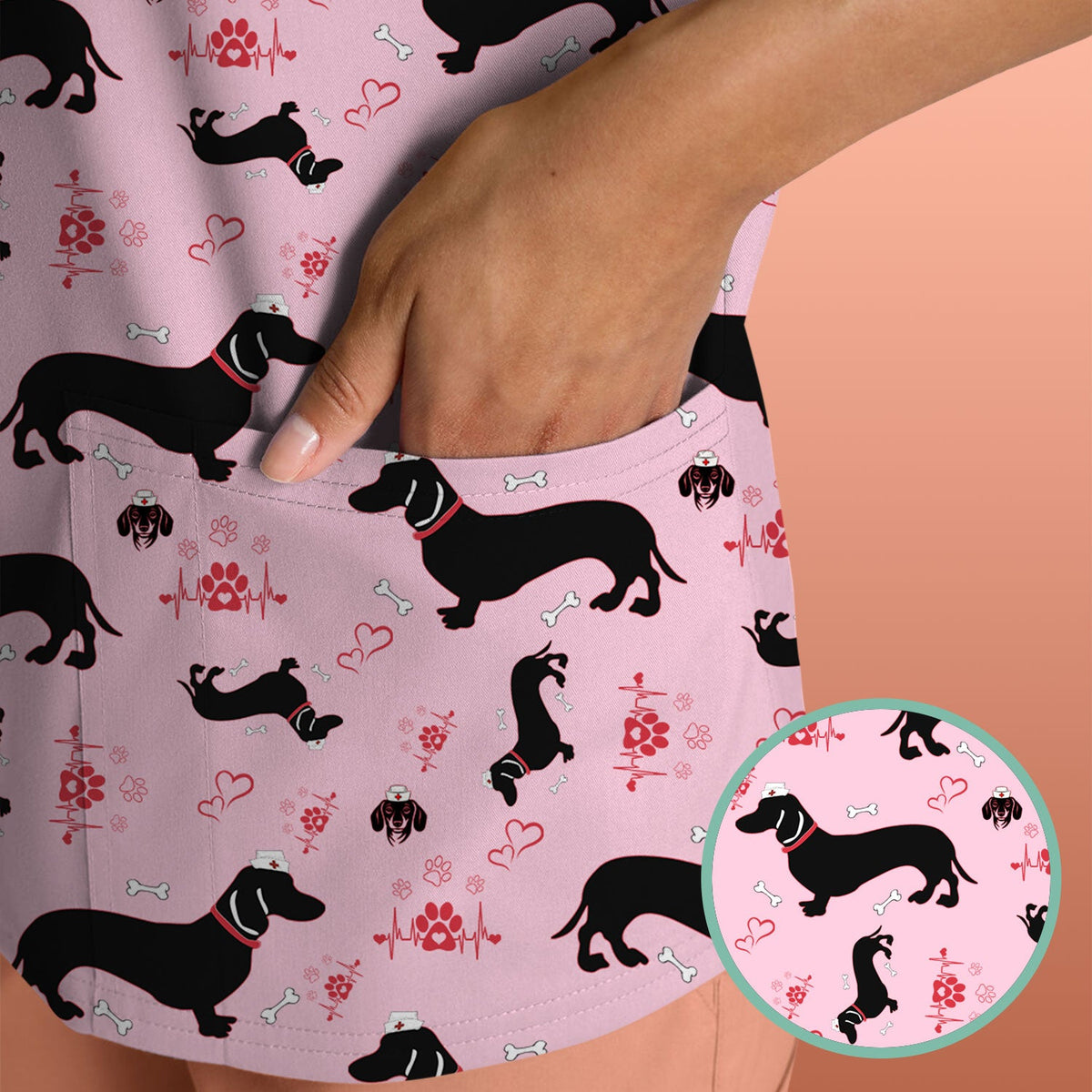 Dachshund Scrub Top - Cute Dog Print Scrubs for Women, Men Multi Color - Animal Scrub Shirt Gift for Nurse, CNA, RN, Doctor