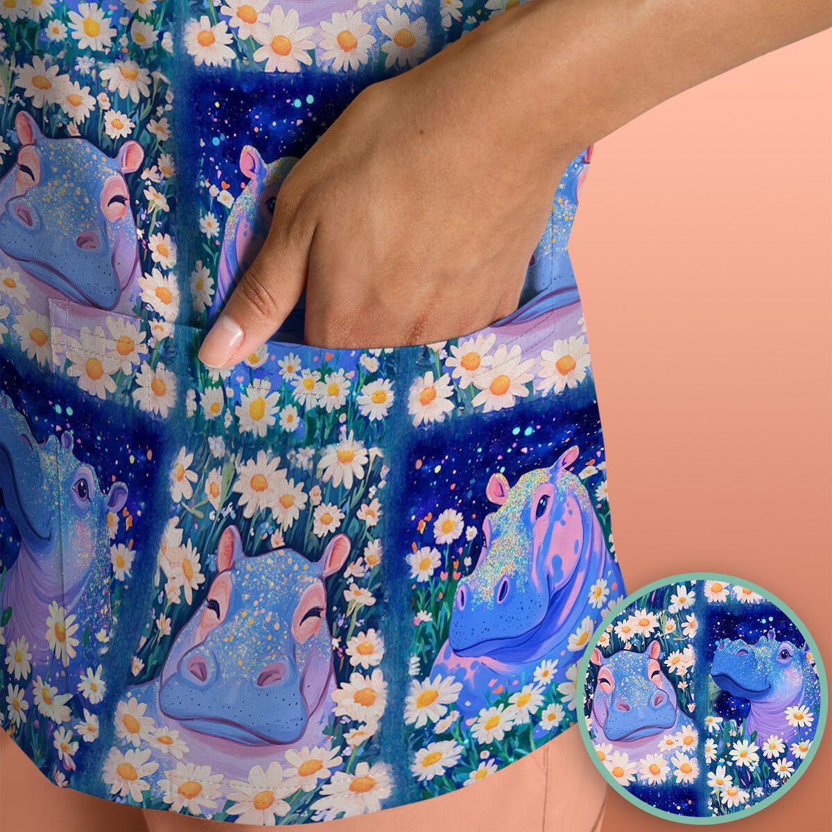 Hippo Daisy Patchwork Nurse Scrub Top