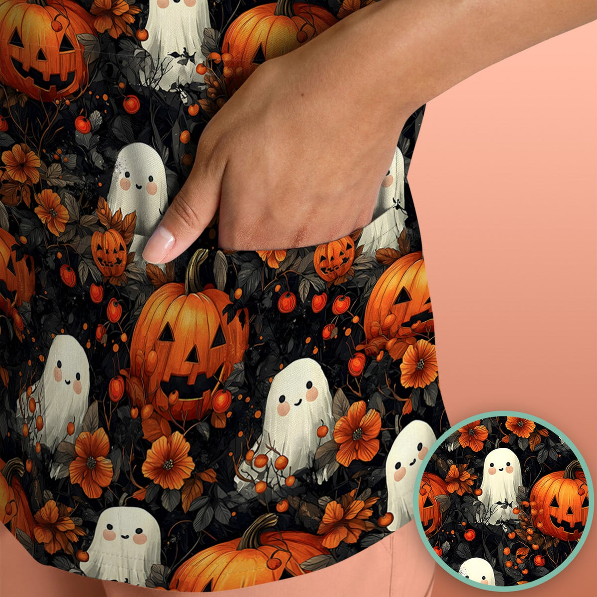 Spooky Ghost Pumpkin Nurse Scrub Top