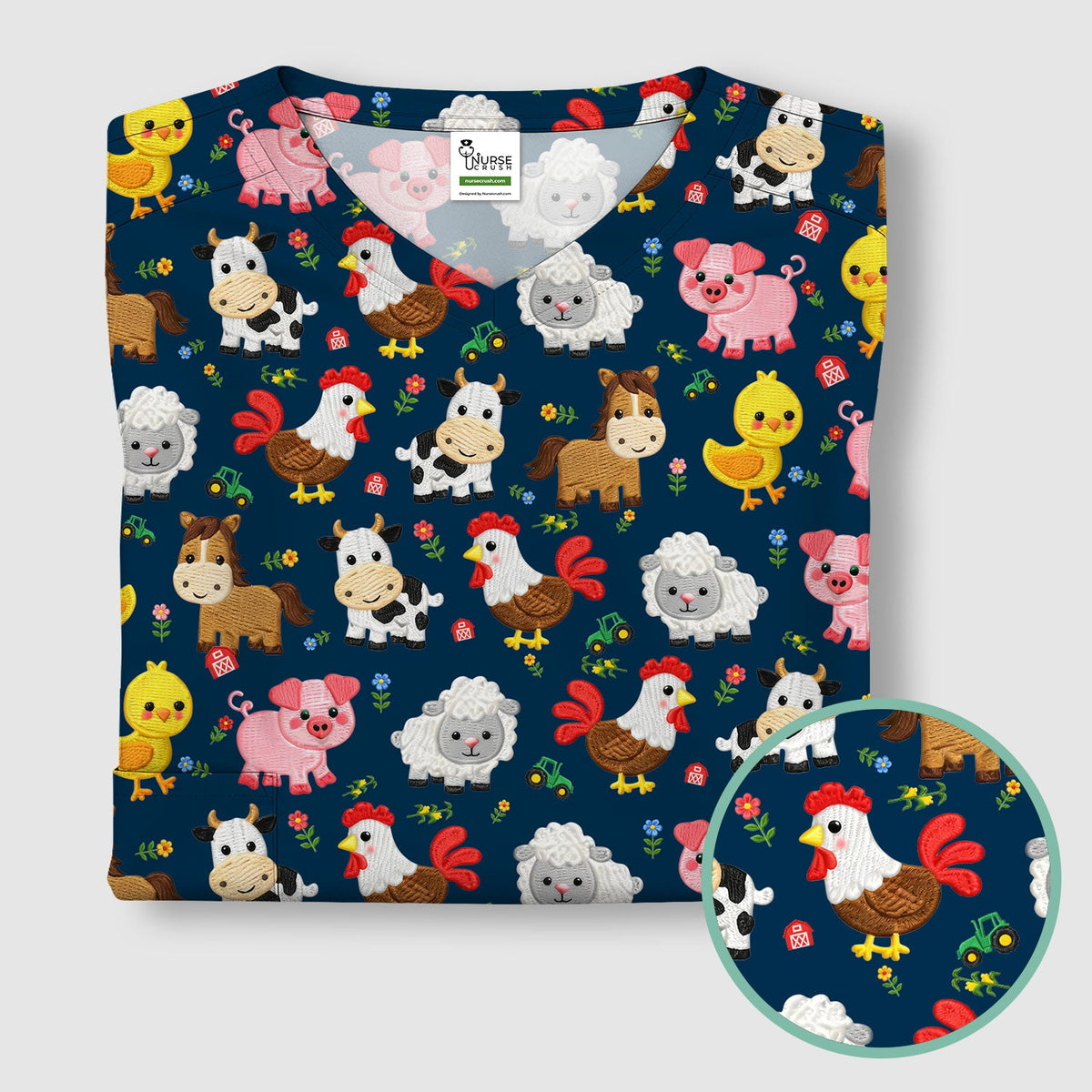 Cartoon Farm Animal Nurse Scrub Top