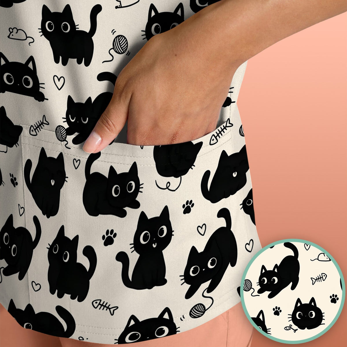 Playful Black Cat Nurse Scrub Top