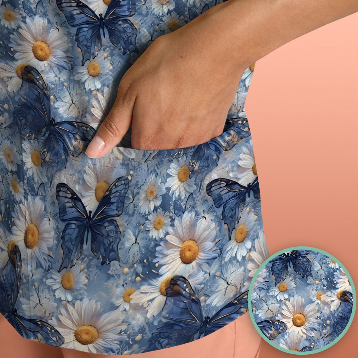 Blue Daisy Butterfly Nurse Scrub Top