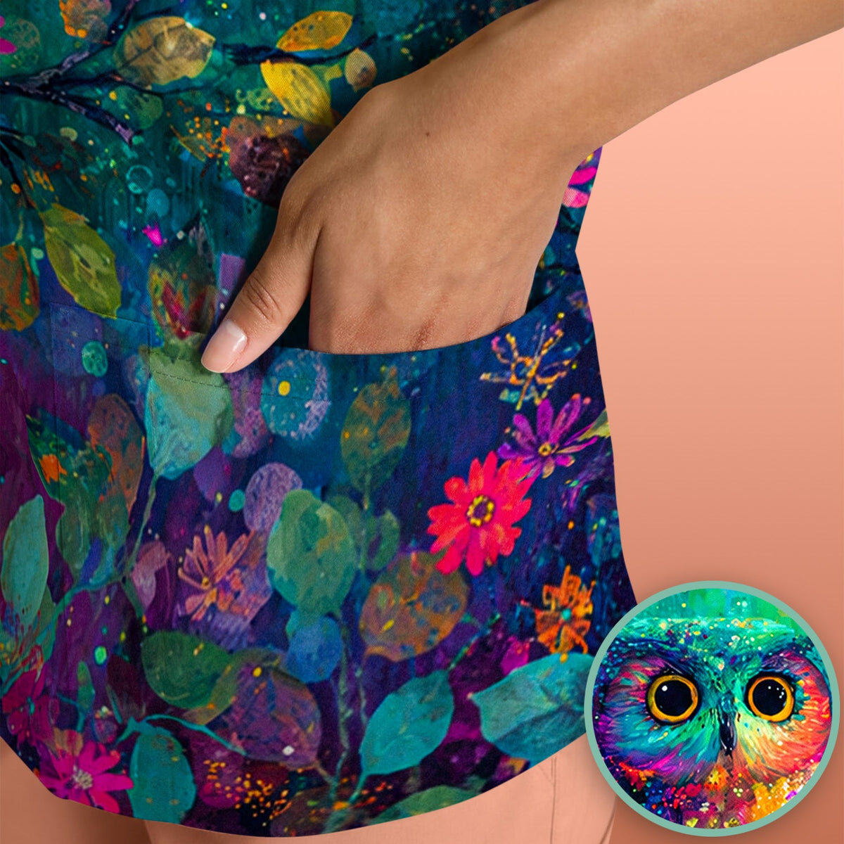 Colorful Owl Forest Nurse Scrub Top
