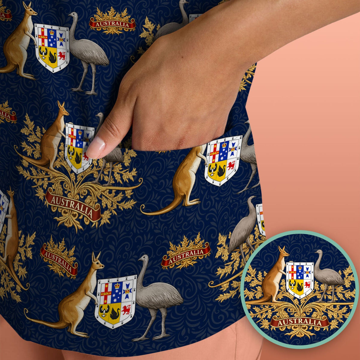 Australian Kangaroo Emu Crest Pattern Scrub Top, Comfortable Scrubs for Nurses
