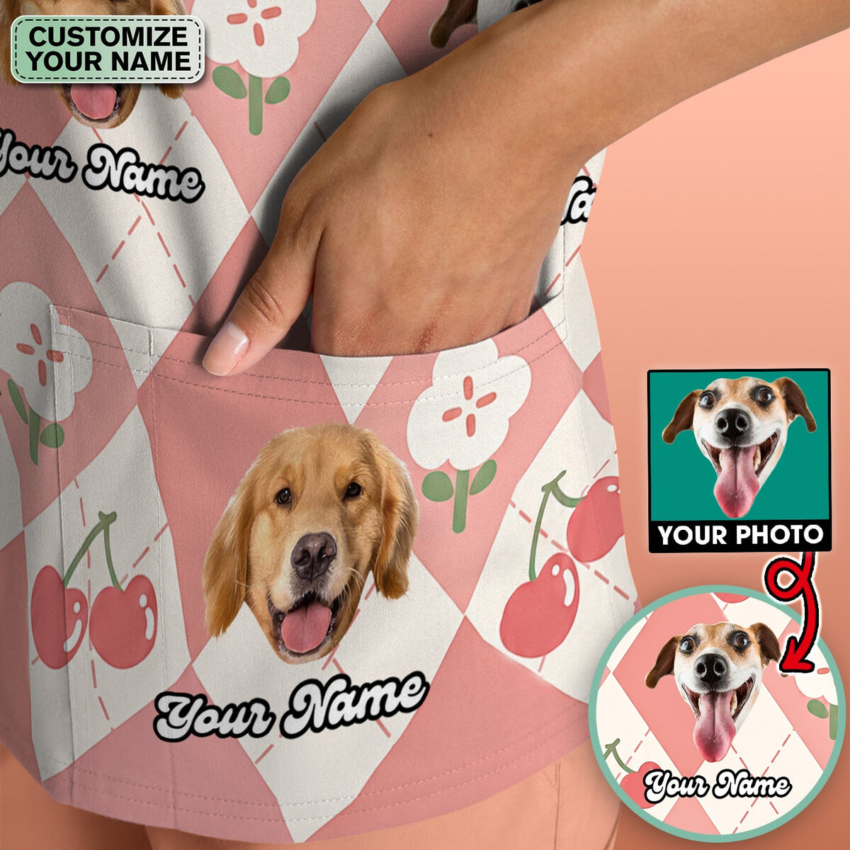 Dog Face Cherry Argyle Nurse Scrub Top