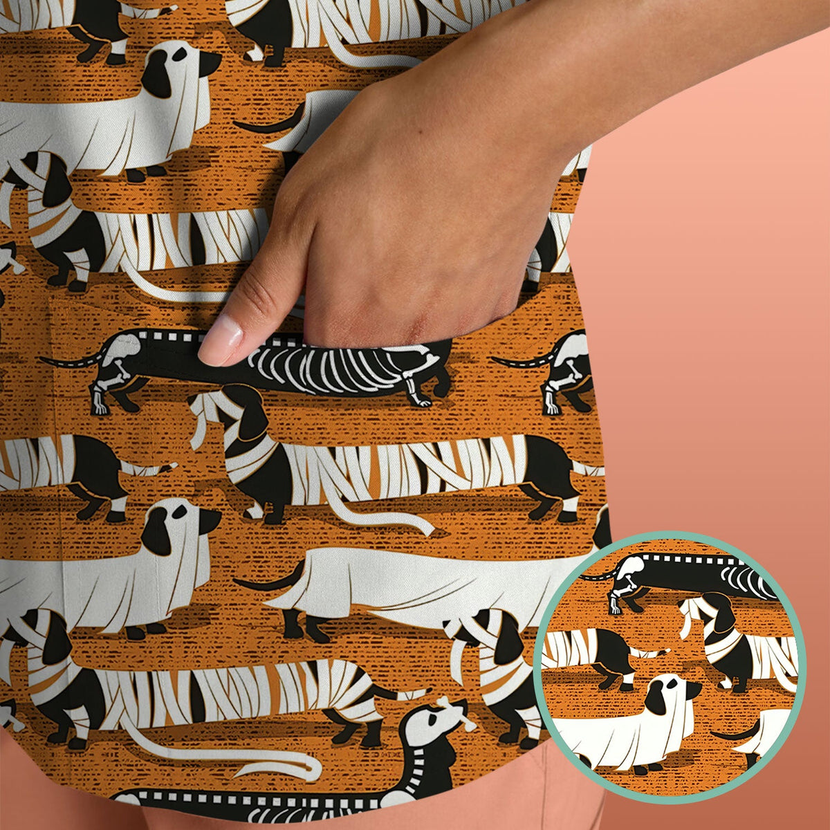 Dachshund Skeleton Nurse Scrub Top - Halloween Gift