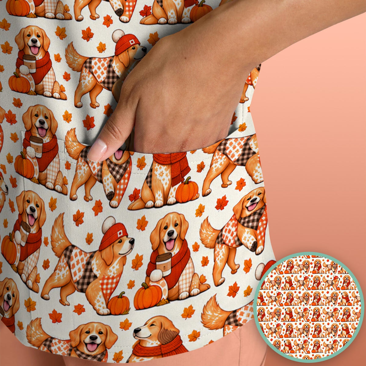 Fall Golden Retriever Pumpkin Nurse Scrub Top