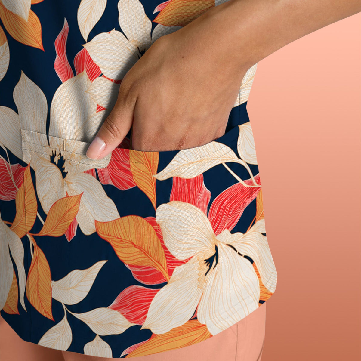 Elegant Ivory Lily Leaves Nurse Scrub Top