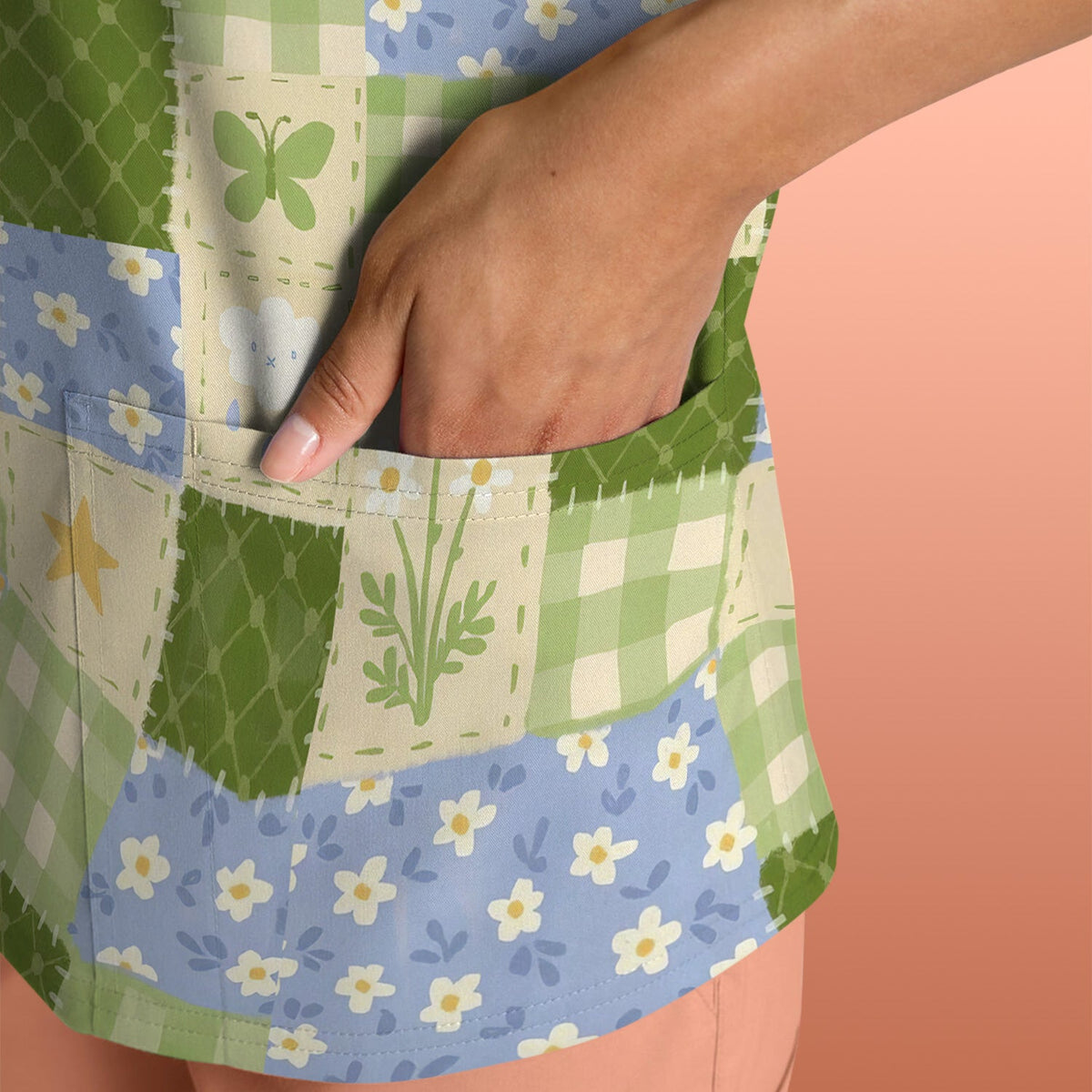 Green Patchwork Clover Floral Nurse Scrub Top