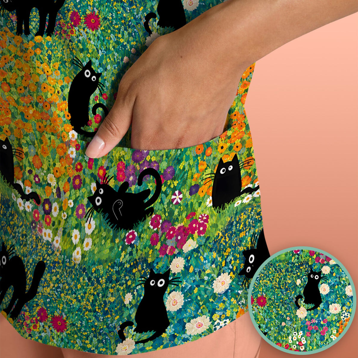 Black Cat Flower Garden Nurse Scrub Top