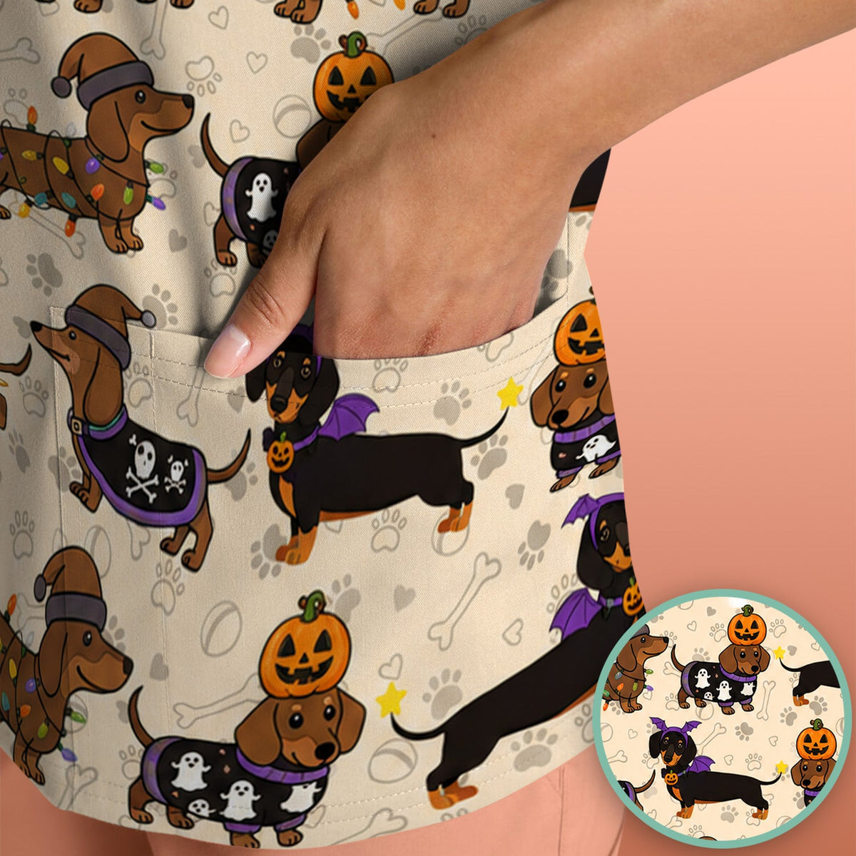 Dachshund Pumpkin Ghost Nurse Scrub Top - Halloween Gift