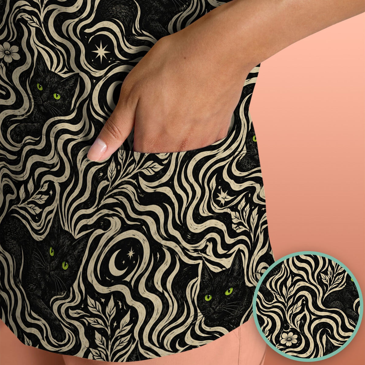 Mystical Black Cat Moonlit Nurse Scrub Top