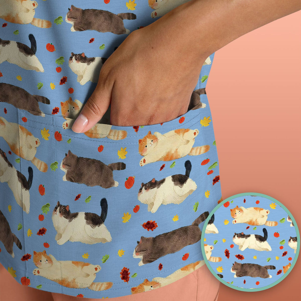 Chubby Cat Autumn Leaves Nurse Scrub Top
