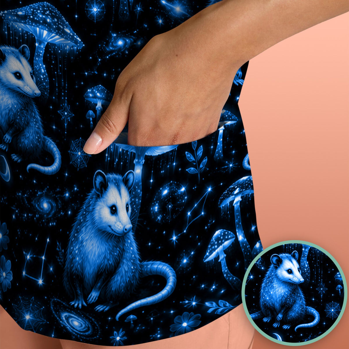 Celestial Blue Opossum Mushroom Nurse Scrub Top