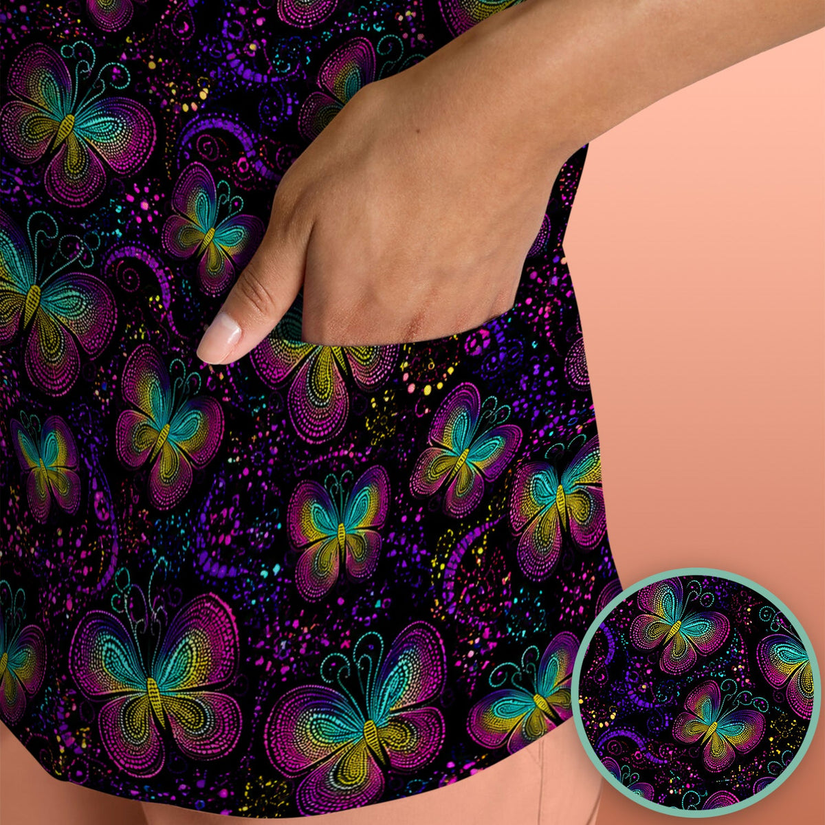 Neon Butterfly Swirl Nurse Scrub Top