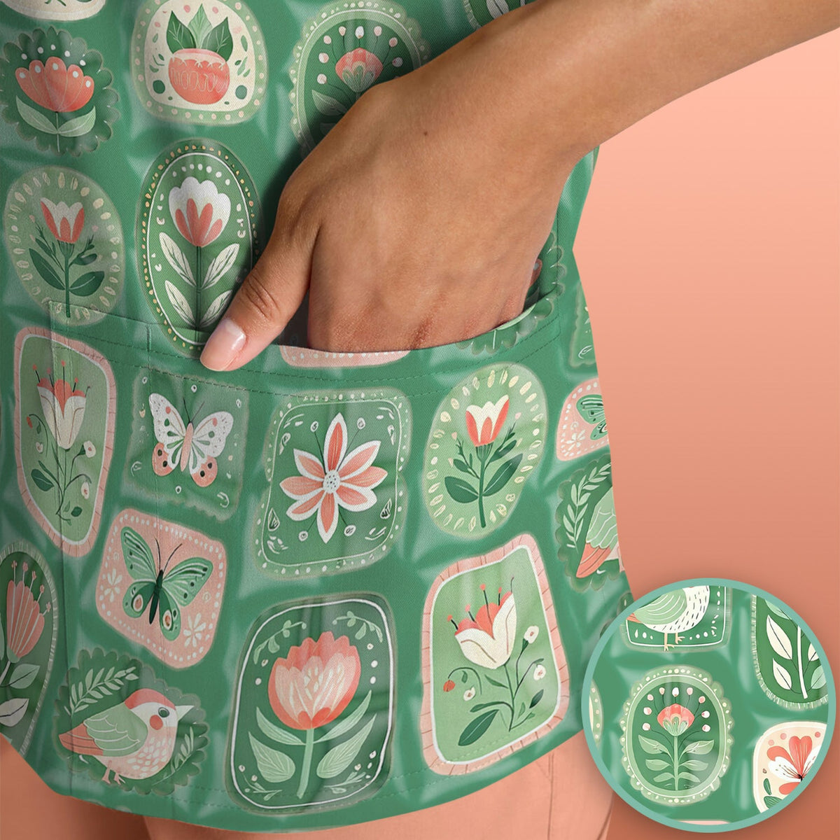 Folk Art Floral Bird Butterfly Garden Nurse Scrub Top