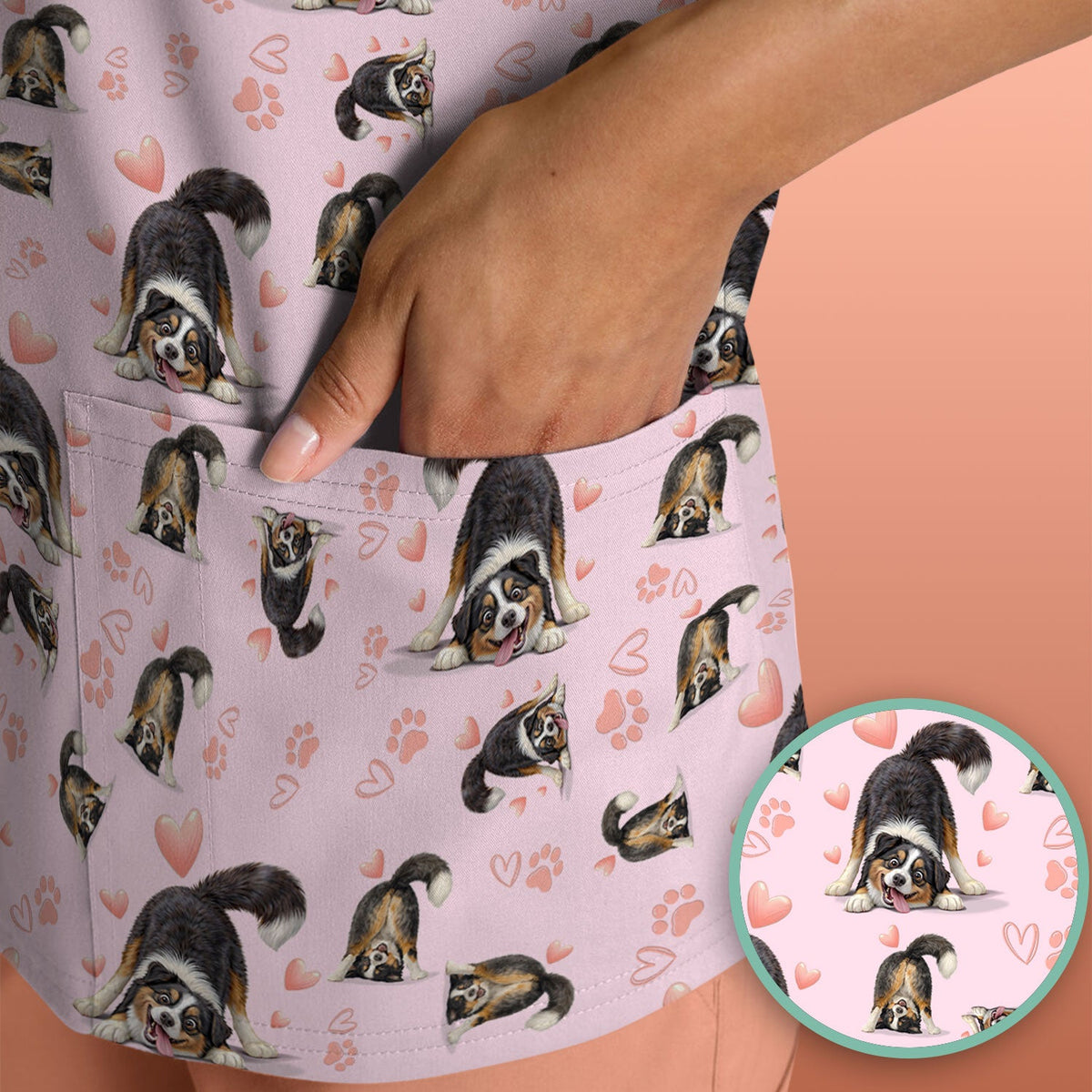 Playful Dog Heart Medical Print Scrub Top, Breathable Fabrics Nursing Uniform