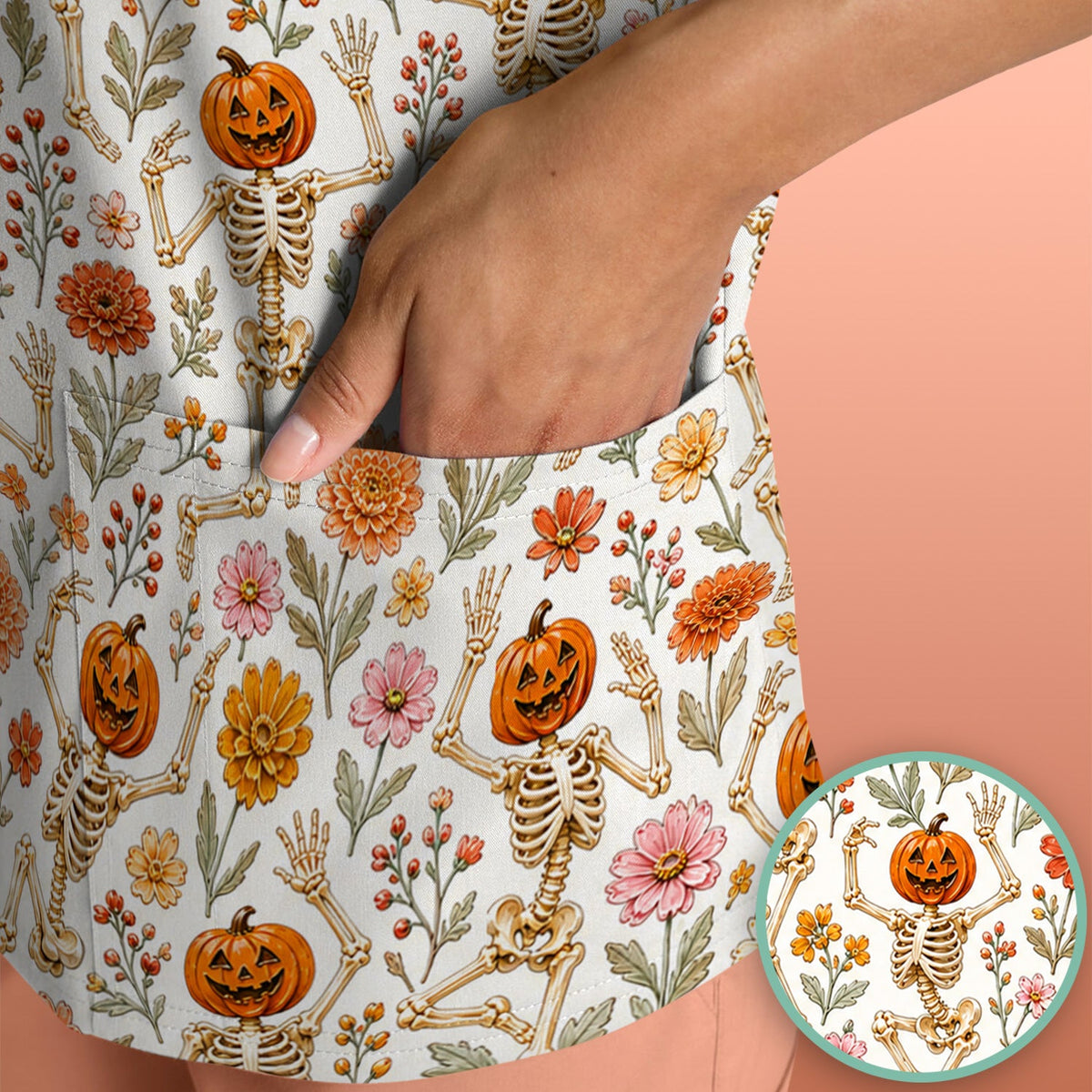 Pumpkin Skeleton Floral Nurse Scrub Top - Halloween Gift