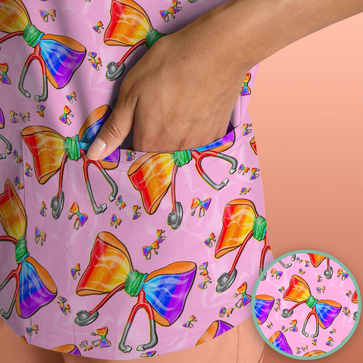 Colorful Rainbow Bow Stethoscope Nurse Scrub Top