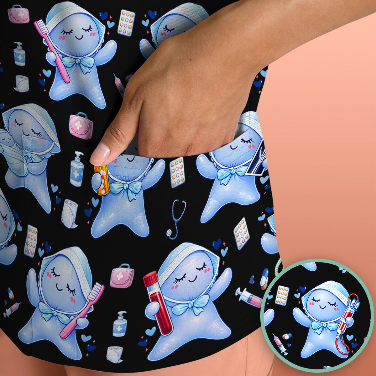 Dental Tooth Character Nurse Scrub Top