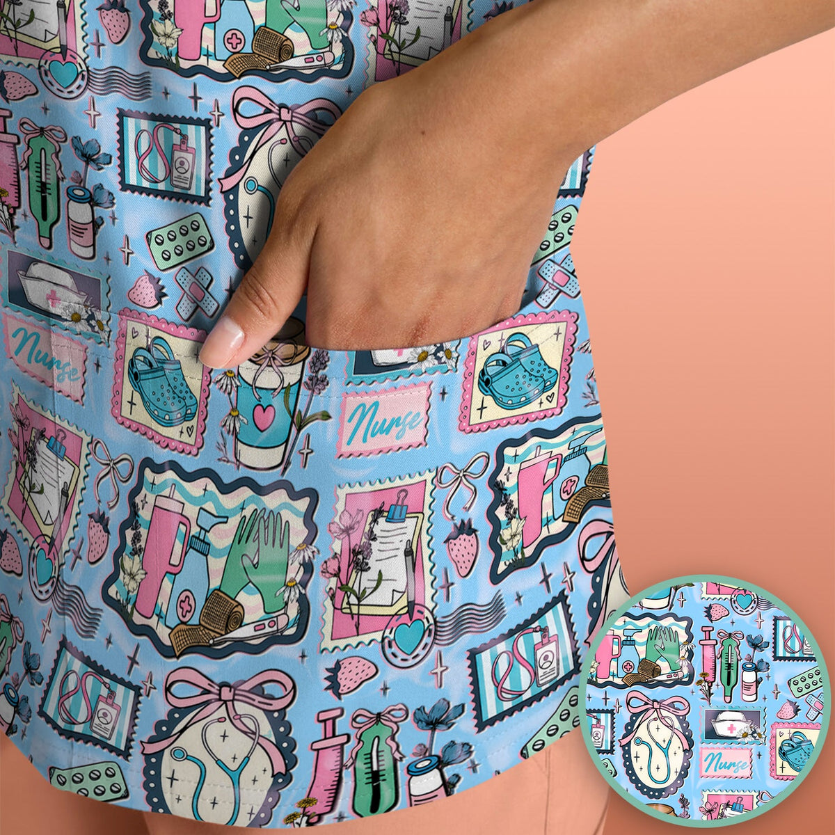 Stethoscope Syringe Frame Nurse Scrub Top
