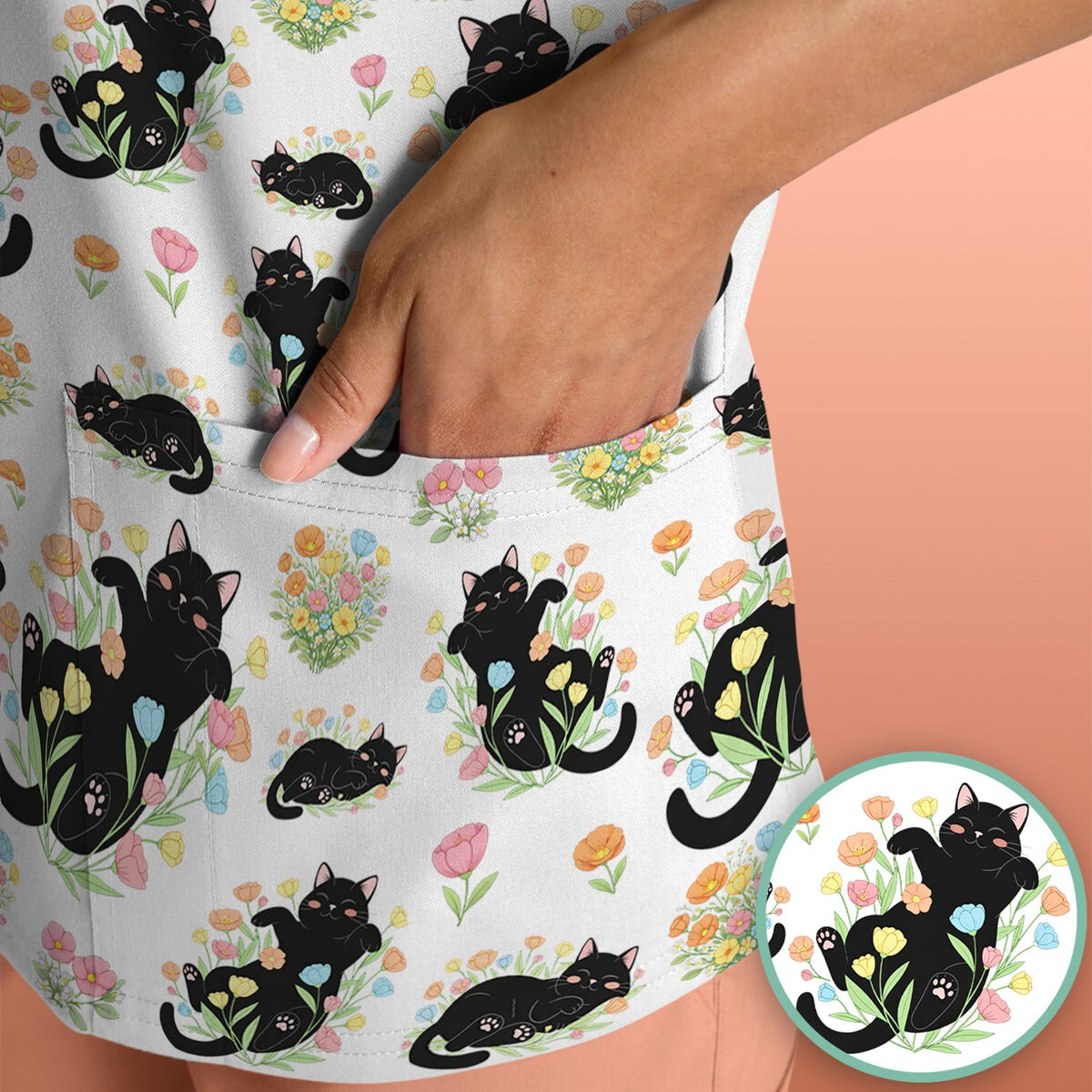 Cats Cute Poses Floral Nurse Scrub Top
