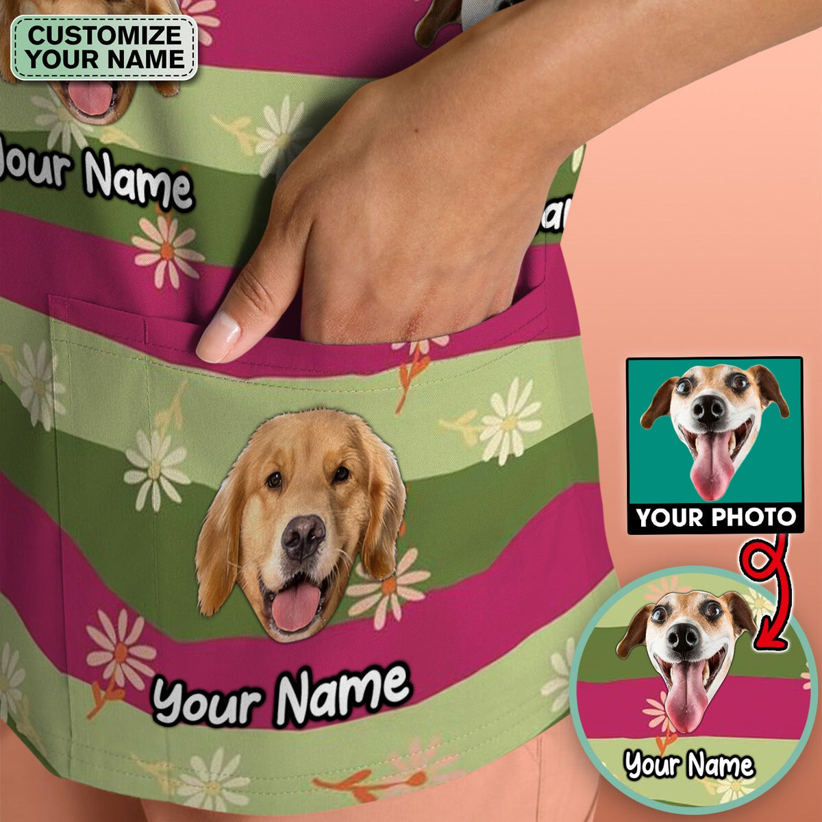 Personalized Dog Photo Spring Stripes Nurse Scrub Top