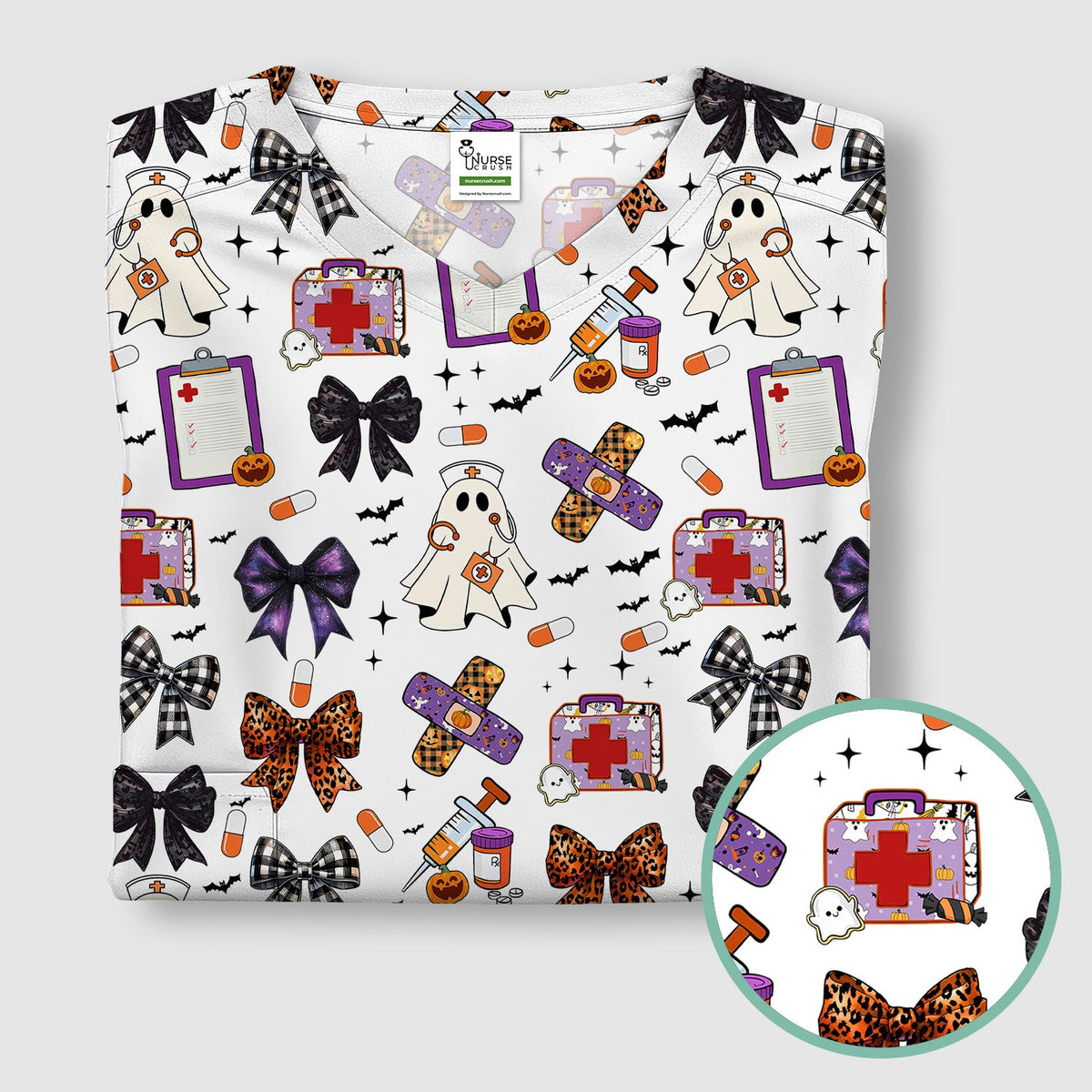 Spooky Ghost Pumpkin Bow Nurse Scrub Top
