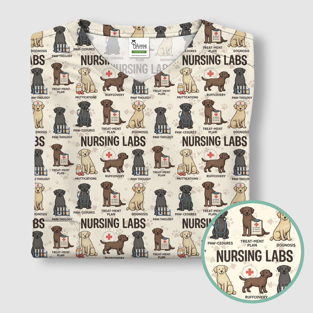 Playful Nursing Labs Dog Pattern Scrub Top, Comfortable Scrubs for Nurses