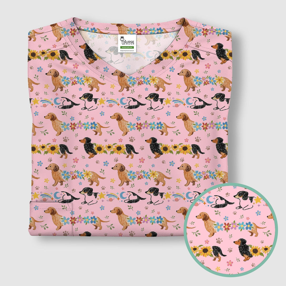 Floral Wiener Dog Nurse Scrub Top