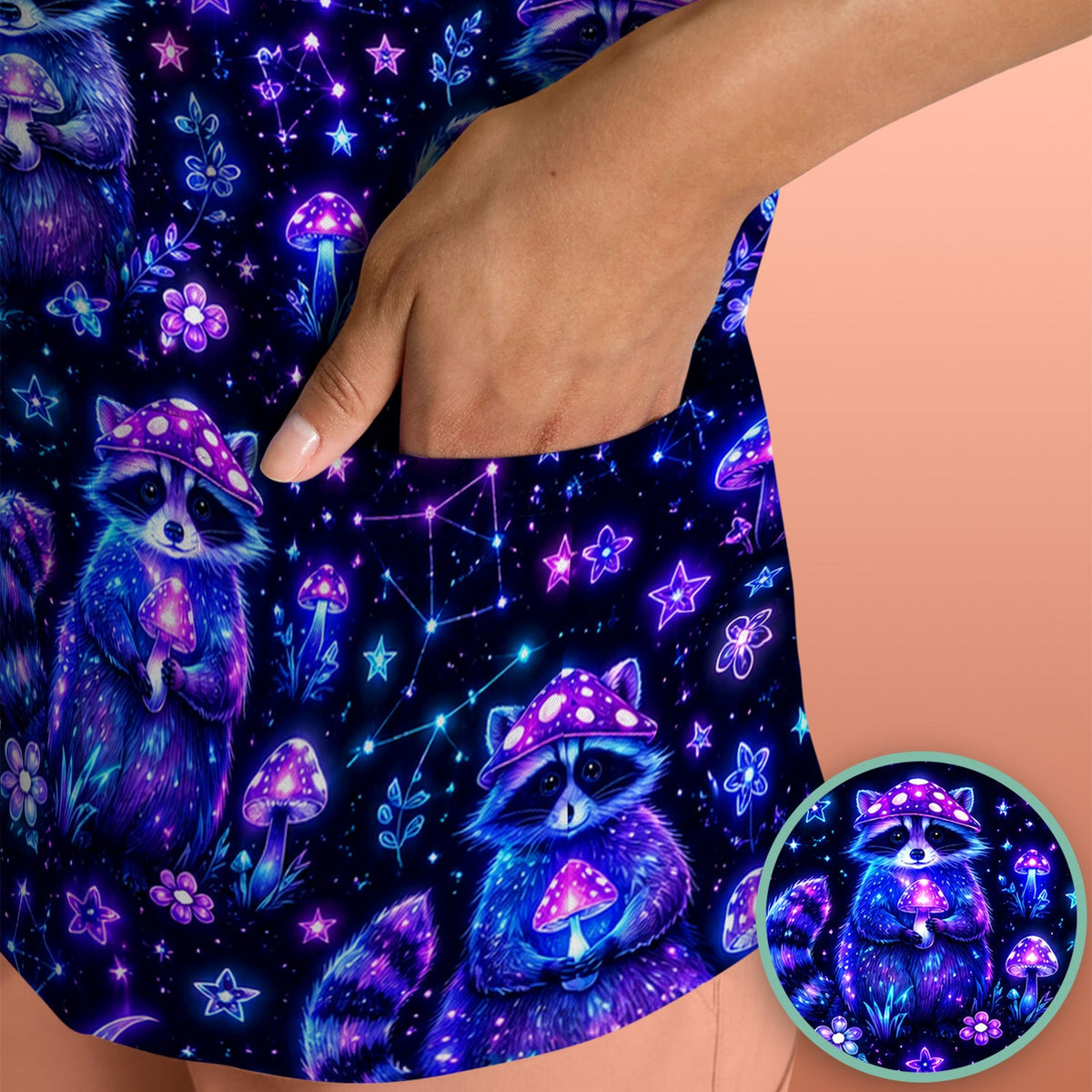 Neon Mushroom Raccoon Galaxy Nurse Scrub Top