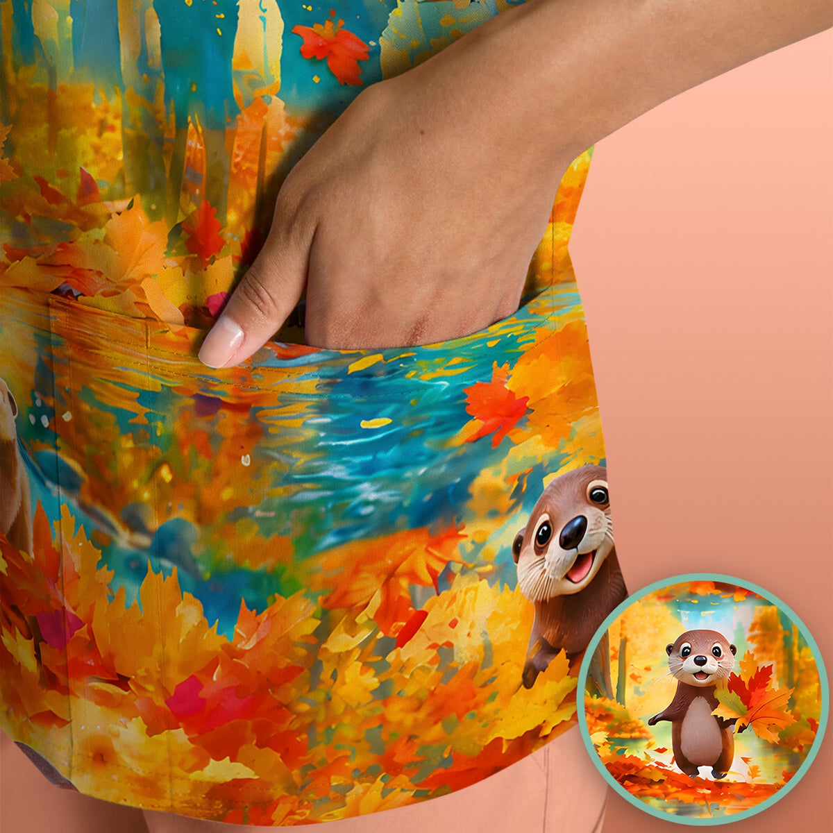 Cute Autumn Otter Leaf Forest Nurse Scrub Top