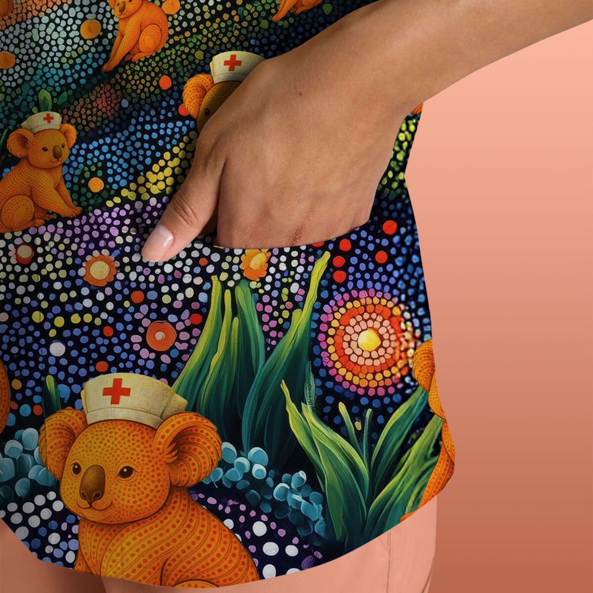 Australian Koala Dot Art Nurse Scrub Top - Women V-Neck Shirt