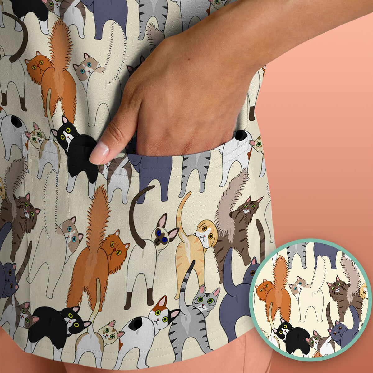 Whimsical Multicolor Cat Cartoon Nurse Scrub Top