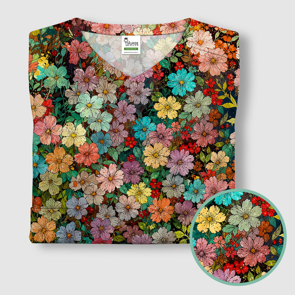 Colorful Wildflower Garden Bloom Pattern Nurse Scrub Top
