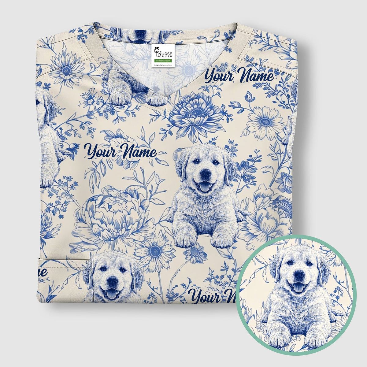 Personalized Pet Photo Floral Nurse Scrub Top
