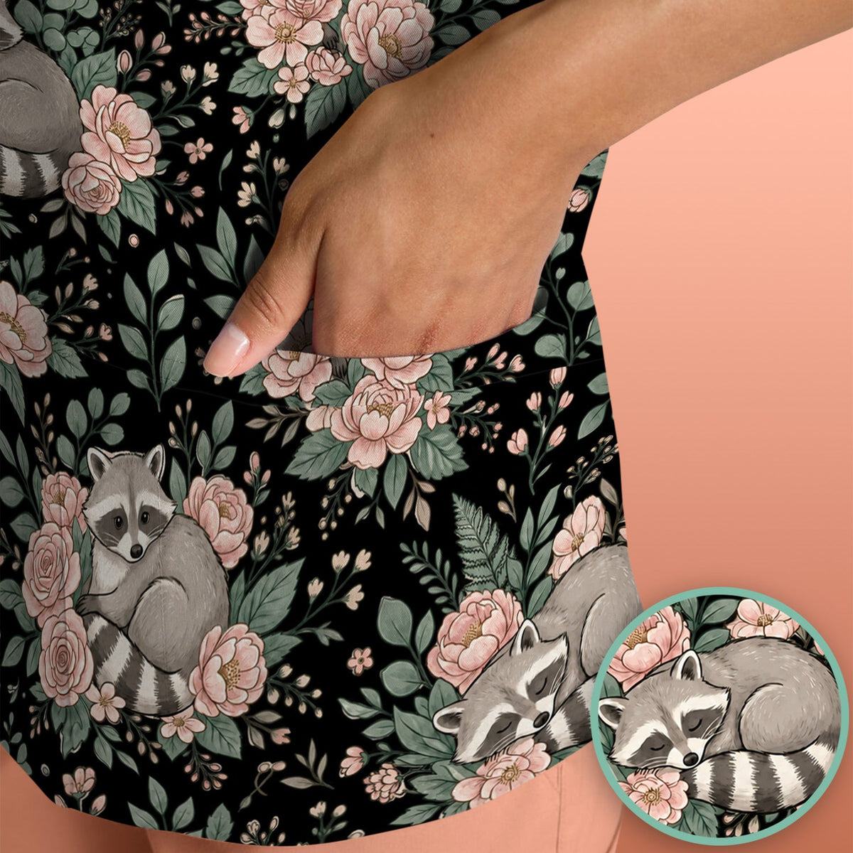 Sleeping Raccoon Rose Garden Nurse Scrub Top