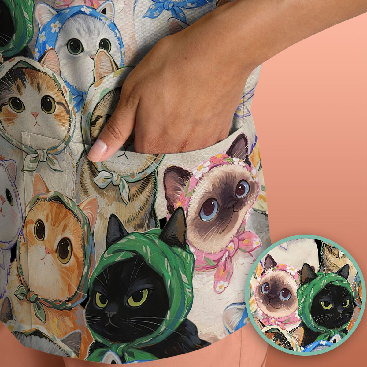 Adorable Multi Cat Portrait Nurse Scrub Top