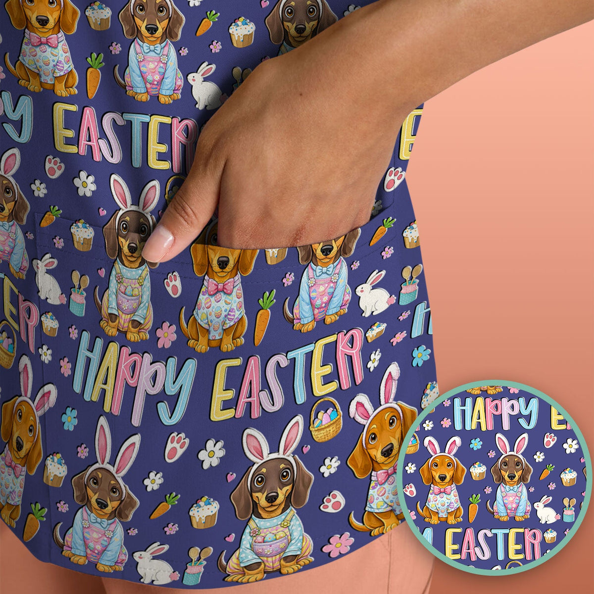 Happy Easter Dachshund Bunny Print Scrub Top, Comfortable Scrubs for Nurses