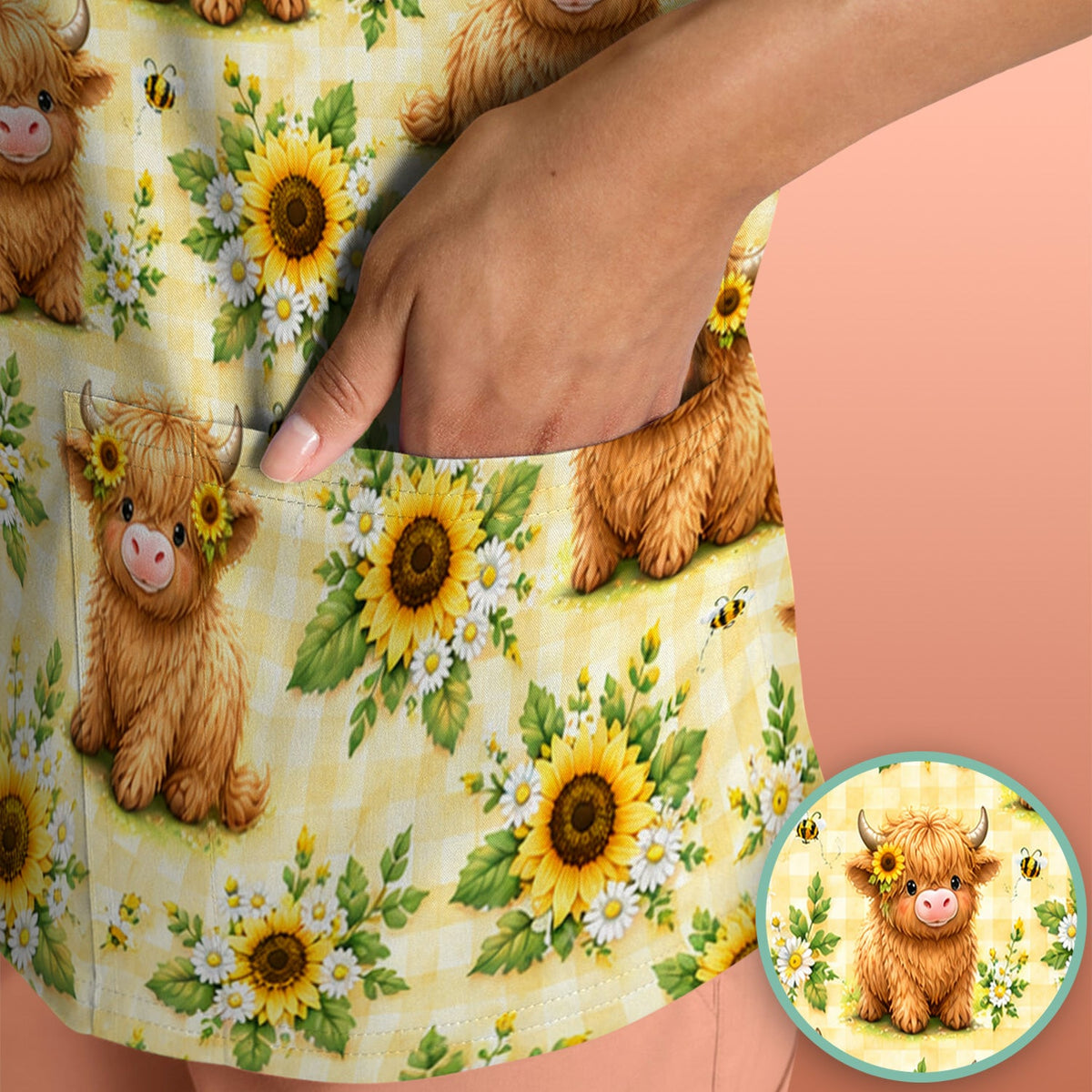 Sunflower Highland Cow Bee Nurse Scrub Top