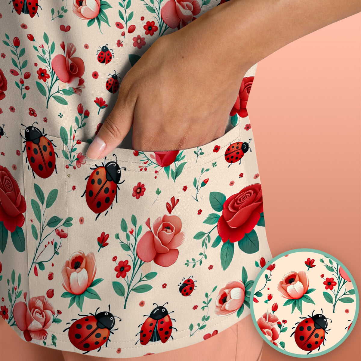 Ladybug Red Rose Floral Nurse Scrub Top