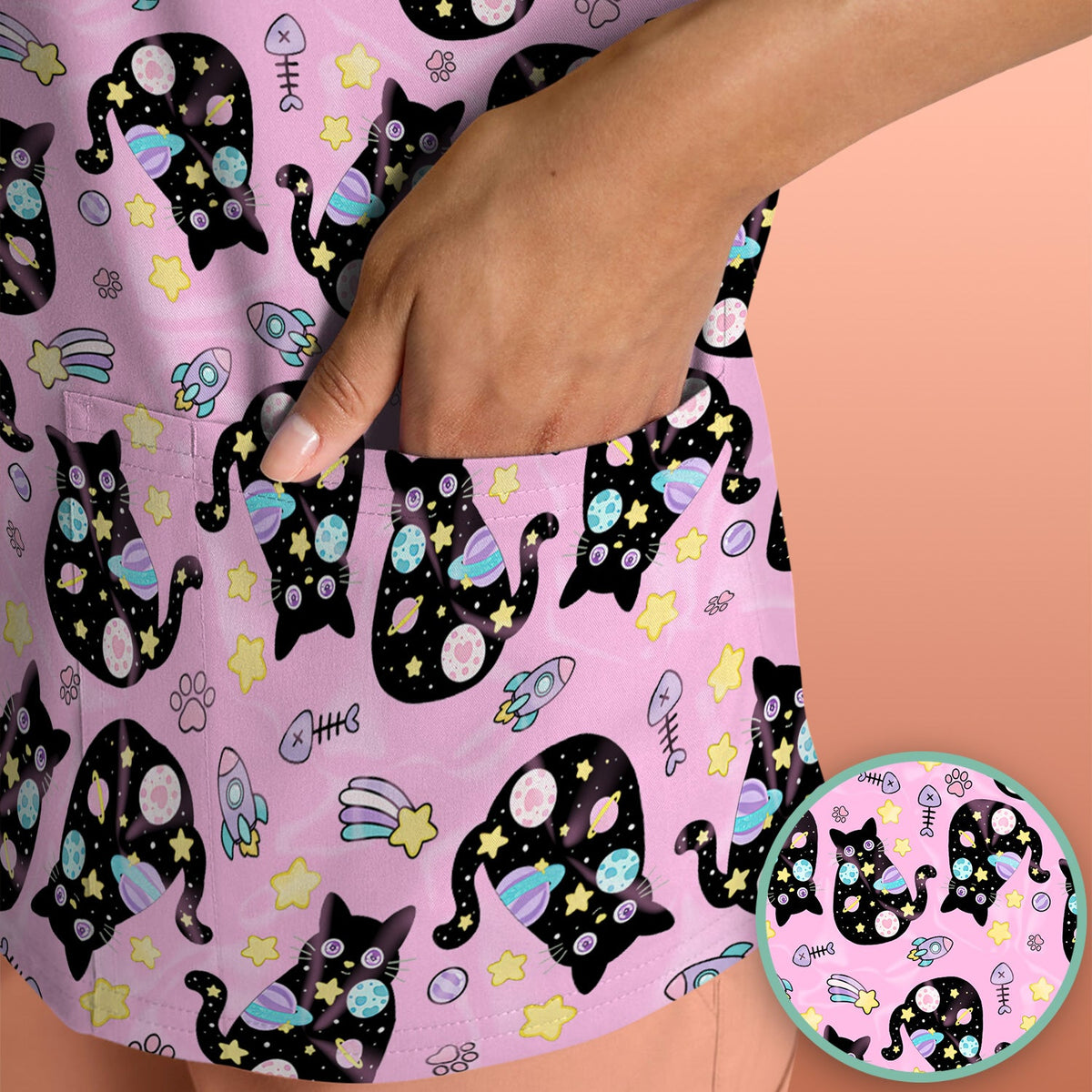 Galaxy Black Cat Space Nurse Scrub Top