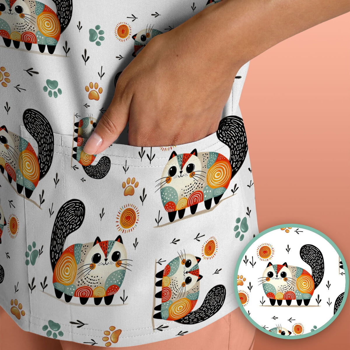 Cat Illustration Nurse Scrub Top