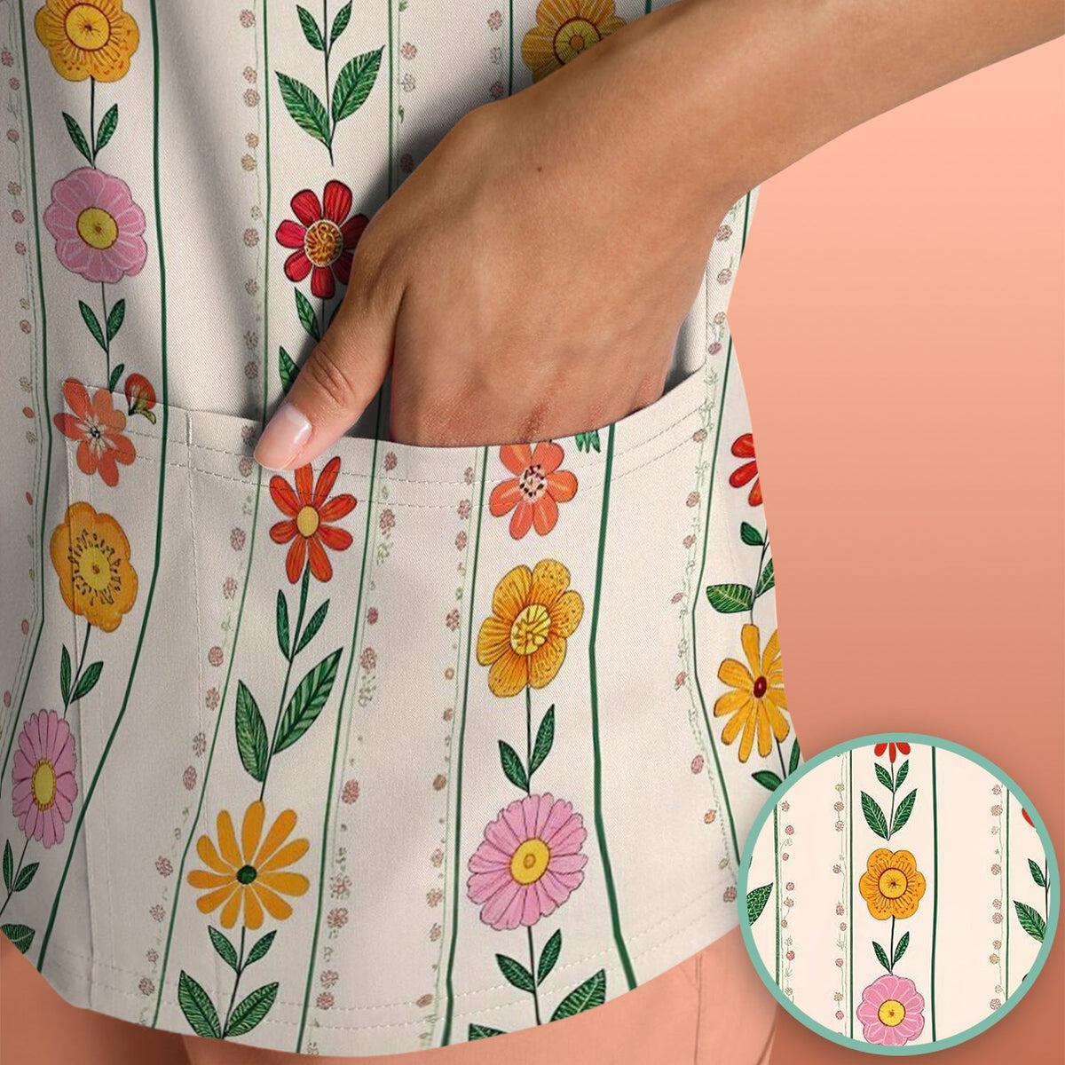 Retro Floral Stripe Garden Bloom Nurse Scrub Top