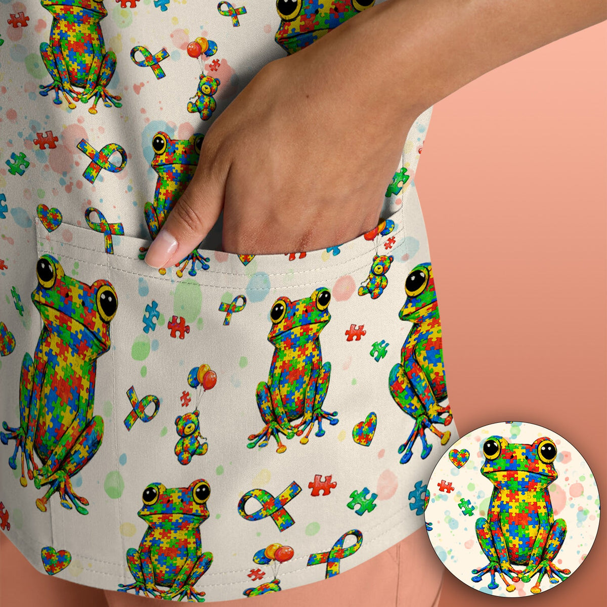 Colorful Autism Puzzle Frog Nurse Scrub Top