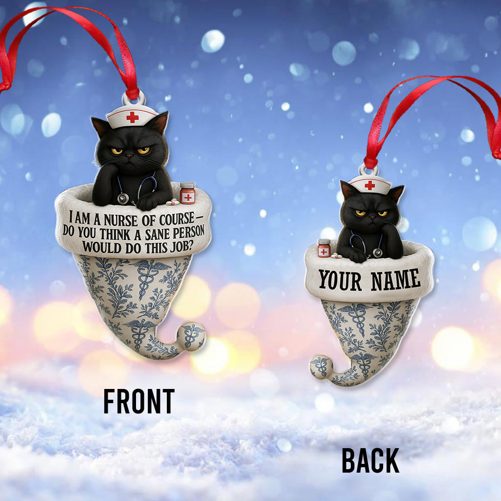 Personalized Black Cat Christmas Nurse Ornament