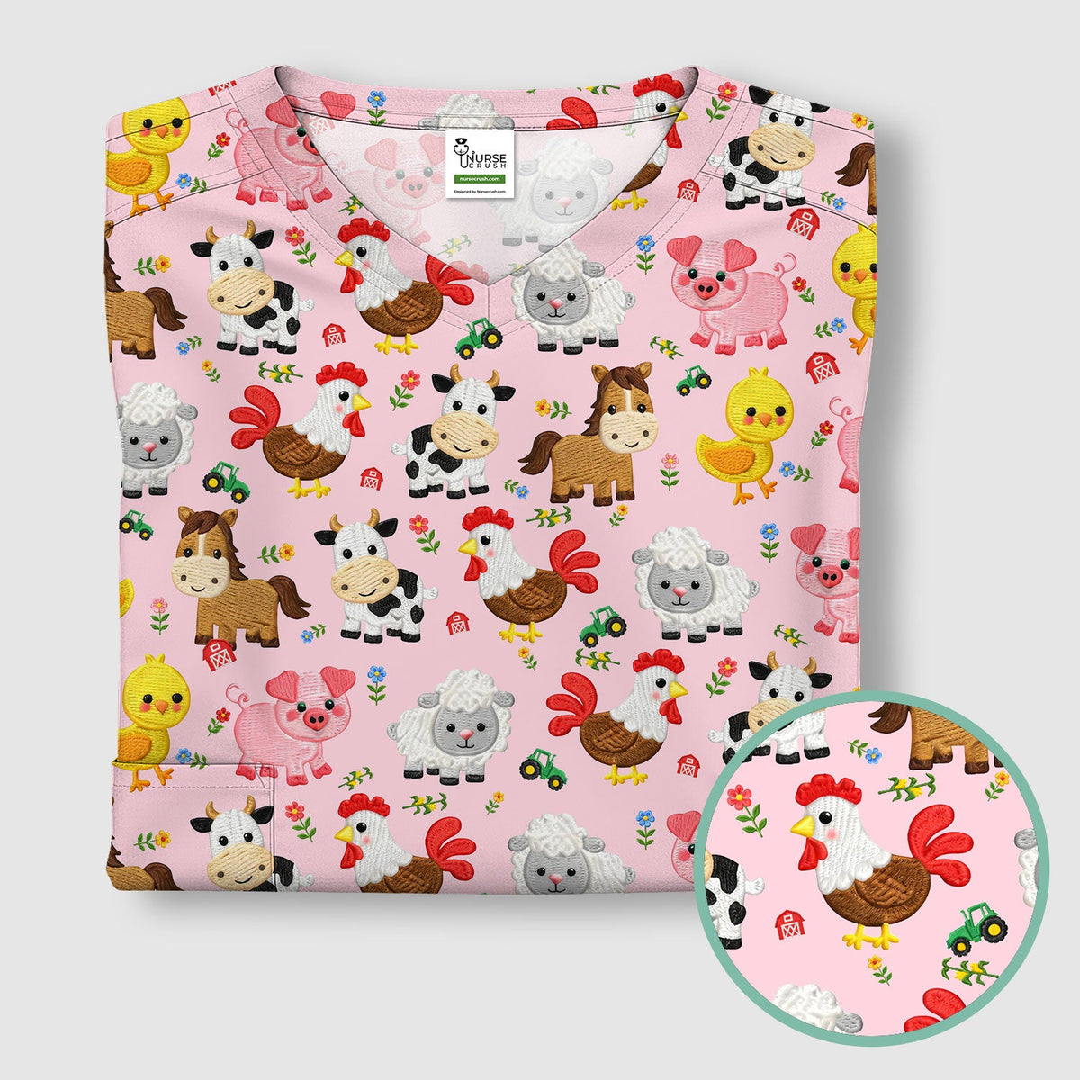 Cartoon Farm Animal Nurse Scrub Top