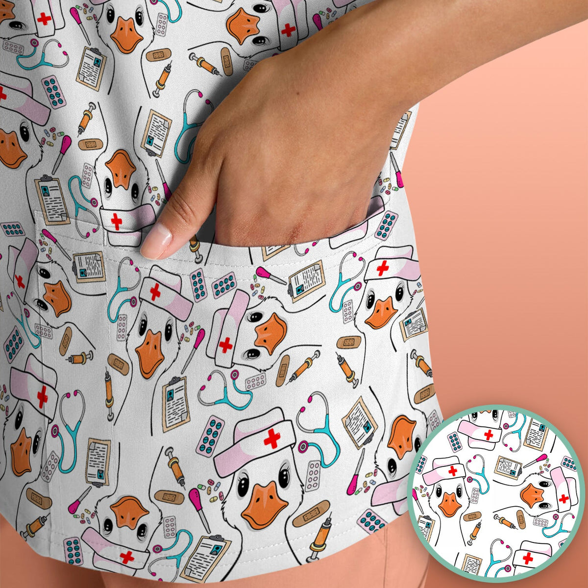 Duck Wearing Hat With Medical Tools Nurse Scrub Top