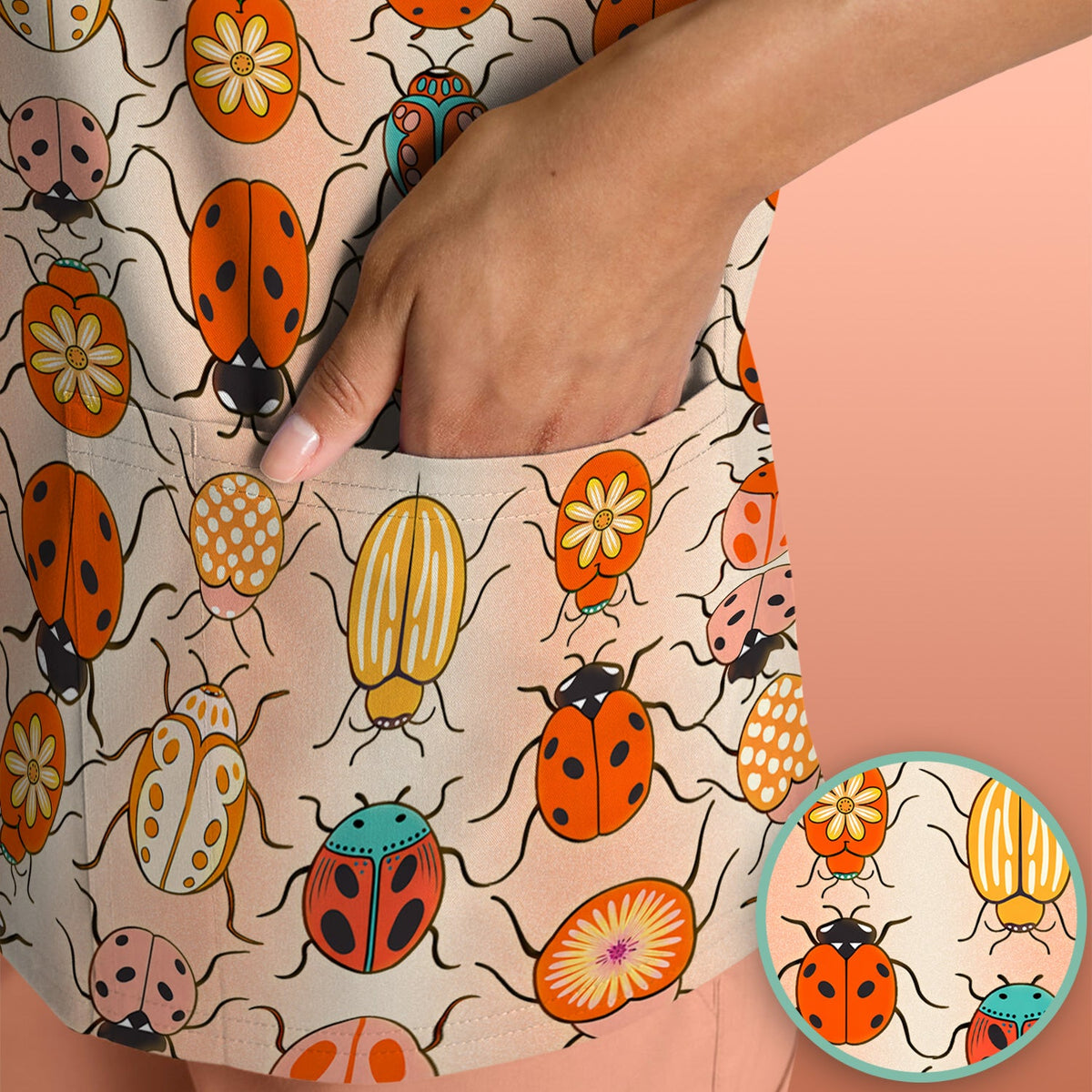 Ladybug Beetle Floral Nurse Scrub Top